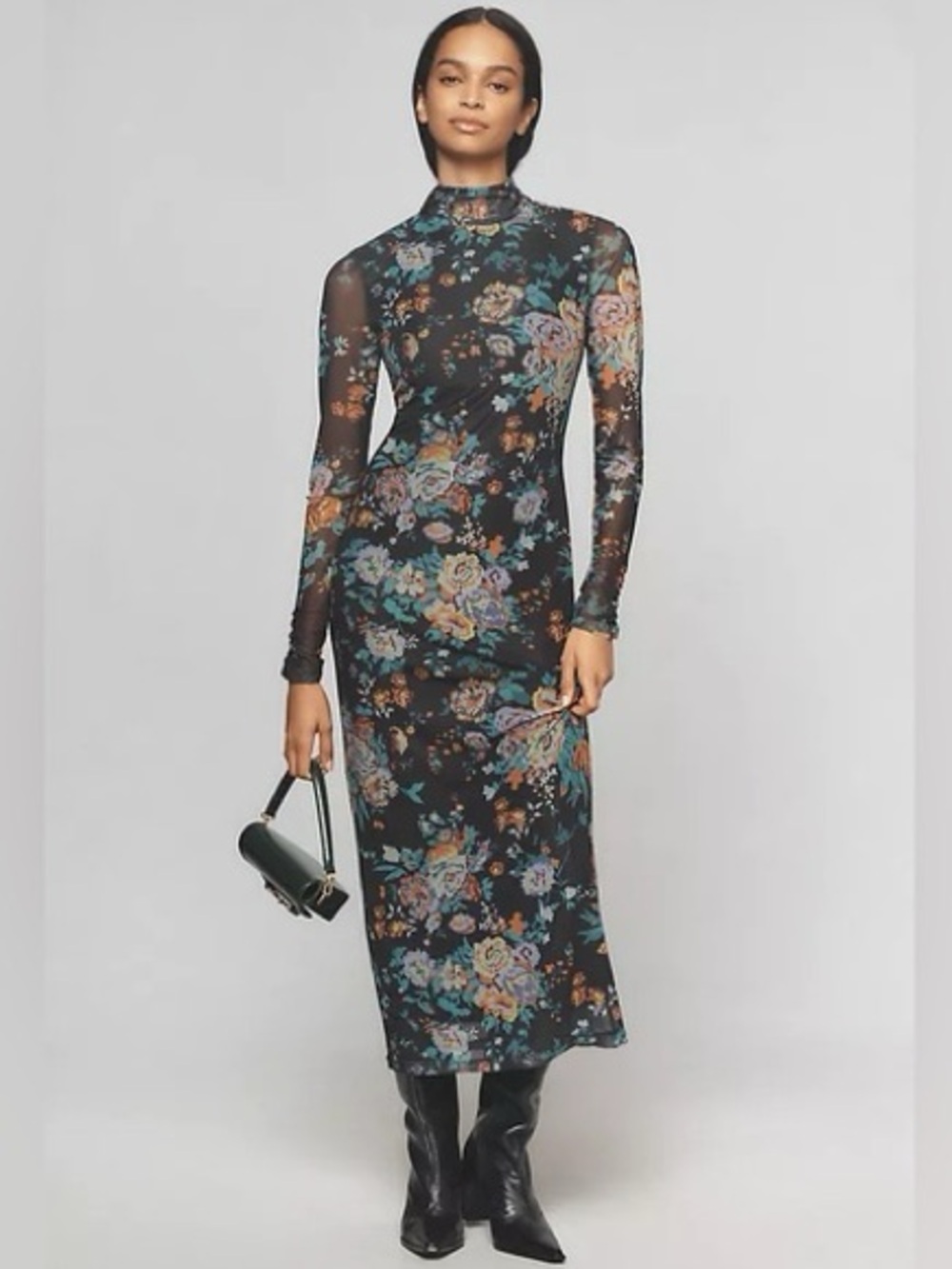 Anthropologie Black Sheer Floral Mock-Neck Long Sleeve Midi Dress